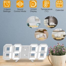 3D LED Digital Wall Clock Sound Control Table Desk Alarm Clock w/ 3 Auto Adjustable Brightness Snooze