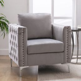 Modern Velvet Armchair Tufted Button Accent Chair Club Chair with Steel Legs for Living Room Bedroom; Grey