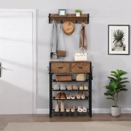 Entryway 4-tier Shoe Rack with Hall Tree;  One Set Entryway Show Rack with Storage and Hooks