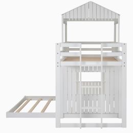 Wooden Twin Over Full Bunk Bed; Loft Bed with Playhouse; Farmhouse; Ladder and Guardrails; White( old sku: LP000027AAK )