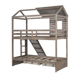 Twin Over Twin Bunk Bed with Two Storage Drawers and Slide; House-Shaped Wood Bunk Bed; Antique Gray (OLD SKU:LP000089AAE)