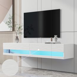 180 Wall Mounted Floating 80&quot; relief TV Stand with 20 Color LEDs White