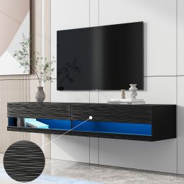 180 Wall Mounted Floating 80&quot; relief TV Stand with 20 Color LEDs Black