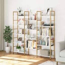 5 tier gold and white bookshelf; triple open display shelf; large storage bookcase with metal frame