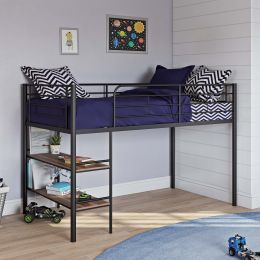 Metal double loft bed with open bookshelves in various finishes
