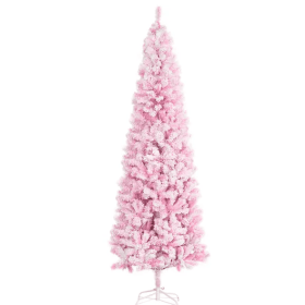 7.5' Tall Unlit Snow Flocked Artificial Christmas Tree Slim Pencil Xmas Tree With Pine Shape And Realistic Branches, Pink (Color: Pink)
