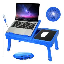 Foldable Laptop Table Bed Notebook Desk with Cooling Fan Mouse Board LED light 4 xUSB Ports Breakfast Snacking Tray (Color: Blue)
