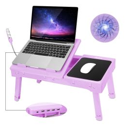 Foldable Laptop Table Bed Notebook Desk with Cooling Fan Mouse Board LED light 4 xUSB Ports Breakfast Snacking Tray (Color: Purple)