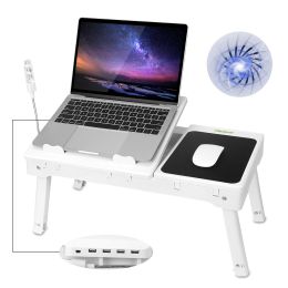 Foldable Laptop Table Bed Notebook Desk with Cooling Fan Mouse Board LED light 4 xUSB Ports Breakfast Snacking Tray (Color: White)