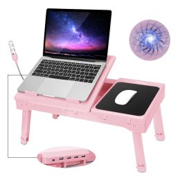 Foldable Laptop Table Bed Notebook Desk with Cooling Fan Mouse Board LED light 4 xUSB Ports Breakfast Snacking Tray (Color: Rose Gold)