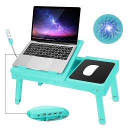 Foldable Laptop Table Bed Notebook Desk with Cooling Fan Mouse Board LED light 4 xUSB Ports Breakfast Snacking Tray (Color: Aqua)