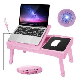 Foldable Laptop Table Bed Notebook Desk with Cooling Fan Mouse Board LED light 4 xUSB Ports Breakfast Snacking Tray (Color: Pink)