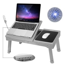 Foldable Laptop Table Bed Notebook Desk with Cooling Fan Mouse Board LED light 4 xUSB Ports Breakfast Snacking Tray (Color: Grey)