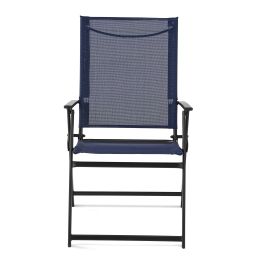 2pcs Outdoor Patio Steel Sling Folding Chairs (Color: Navy Blue)