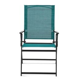 2pcs Outdoor Patio Steel Sling Folding Chairs (Color: blue-green)