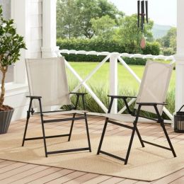 2pcs Outdoor Patio Steel Sling Folding Chairs (Color: Beige)