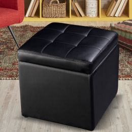 16 Inch Ottoman Pouffe Storage Box Lounge Seat Footstools (Color: Black)