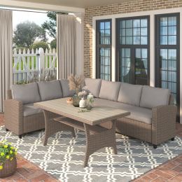 Patio Outdoor Furniture PE Rattan Wicker Conversation Set All-Weather Sectional Sofa Set with Table & Soft Cushions (Color: BROWN)