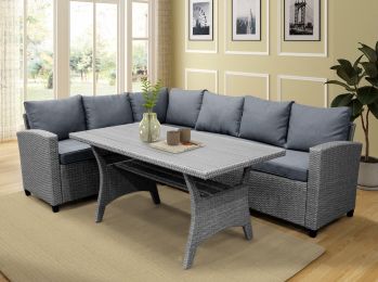 Patio Outdoor Furniture PE Rattan Wicker Conversation Set All-Weather Sectional Sofa Set with Table & Soft Cushions (Color: Gray)