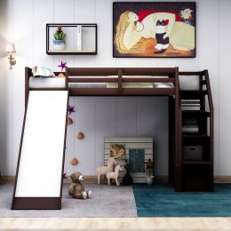 Twin Size Loft Bed with Storage and Slide (Color: Espresso)
