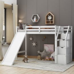 Twin Size Loft Bed with Storage and Slide (Color: White)