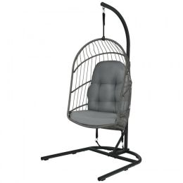Hanging Wicker Egg Chair with Stand and Cushion (Color: Gray)