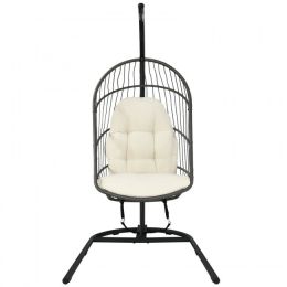 Hanging Wicker Egg Chair with Stand and Cushion (Color: Beige)