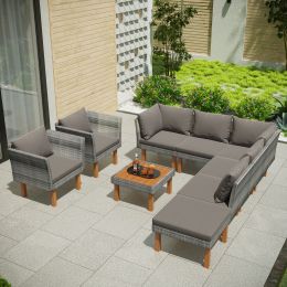 9-Piece Outdoor Patio Garden Wicker Sofa Set, Gray PE Rattan Sofa Set, with Wood Legs, Acacia Wood Tabletop, Armrest Chairs with Beige Cushions (Color: Gray)