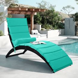 Wicker Sun Lounger;  PE Rattan Foldable Chaise Lounger with Removable Cushion and Bolster Pillow;  Black Wicker and Turquoise Cushion (Color: Blue)
