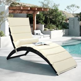 Wicker Sun Lounger;  PE Rattan Foldable Chaise Lounger with Removable Cushion and Bolster Pillow;  Black Wicker and Turquoise Cushion (Color: Beige)