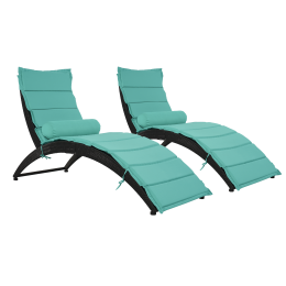 Patio Wicker Sun Lounger, PE Rattan Foldable Chaise Lounger with Removable Cushion and Bolster Pillow, Black Wicker and Beige Cushion (2 sets) (Color: Blue)
