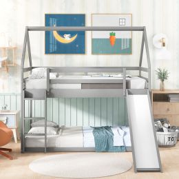 Twin Size Bunk House Bed with Convertible Slide and Ladder (Color: Gray)