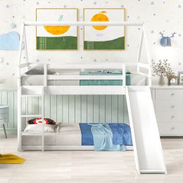 Twin Size Bunk House Bed with Convertible Slide and Ladder (Color: White)