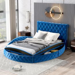 Full Size Round Shape Upholstery Low Profile Storage Platform Bed with Storage Space on both Sides and Footboard (Color: Blue)