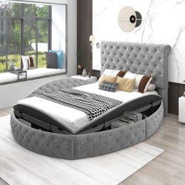 Full Size Round Shape Upholstery Low Profile Storage Platform Bed with Storage Space on both Sides and Footboard (Color: Gray)