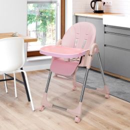 Convertible High Chair on Wheels with Removable Tray;  Height and Angle Adjustment for Baby And Toddler (Color: Pink)