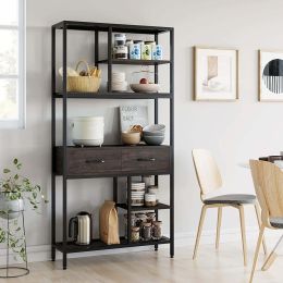 5 tier iron bookcase with 2 drawers; industrial tall bookshelf with 7 open storage shelves; freestanding display shelf with metal frame (Color: Dark Brown)