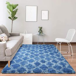 Indoor Rectangle Geometric Contemporary Area Rugs For Living Room Bedroom Plush Carpet; 5'x8' (Color: Indigo)