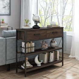 Console Table with Drawers; Rustic Hallway Table with Storage Shelves; Narrow Sofa Entryway Table for Living Room (Color: Dark Brown)