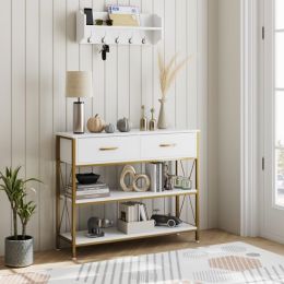 Console Table with Drawers; Rustic Hallway Table with Storage Shelves; Narrow Sofa Entryway Table for Living Room (Color: White/Gold)