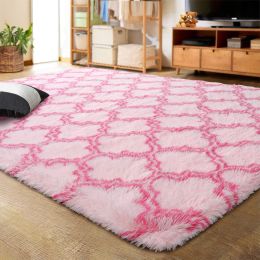 Indoor Rectangle Geometric Contemporary Area Rugs For Living Room Bedroom Plush Carpet; 5'x8' (Color: Pink)