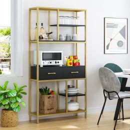 5 tier iron bookcase with 2 drawers; industrial tall bookshelf with 7 open storage shelves; freestanding display shelf with metal frame (Color: Black Gold)