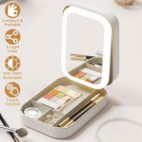 1Pc Portable Travel Makeup Bag With LED Mirror Rechargeable Beauty Mirror With 3 Color Light Dimmable Brightness Waterproof Cosmetic Bag With 4 C (Color: White)