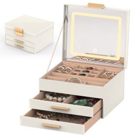 1 Set Jewelry Box With LED Mirror 3 Layer Jewelry Organizer With 2 Drawers PU Jewelry Holder With 3 Mirror Light Colors Dimmable For Earrings Rin (Option: Creamy White)